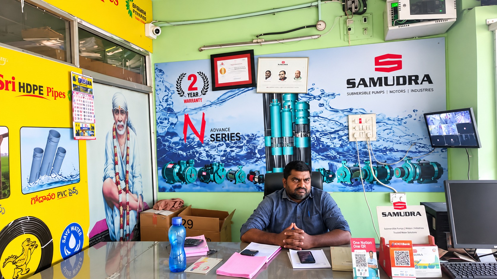 Inside the Mahanvi Agencies shop — pump displays and the owner at the counter