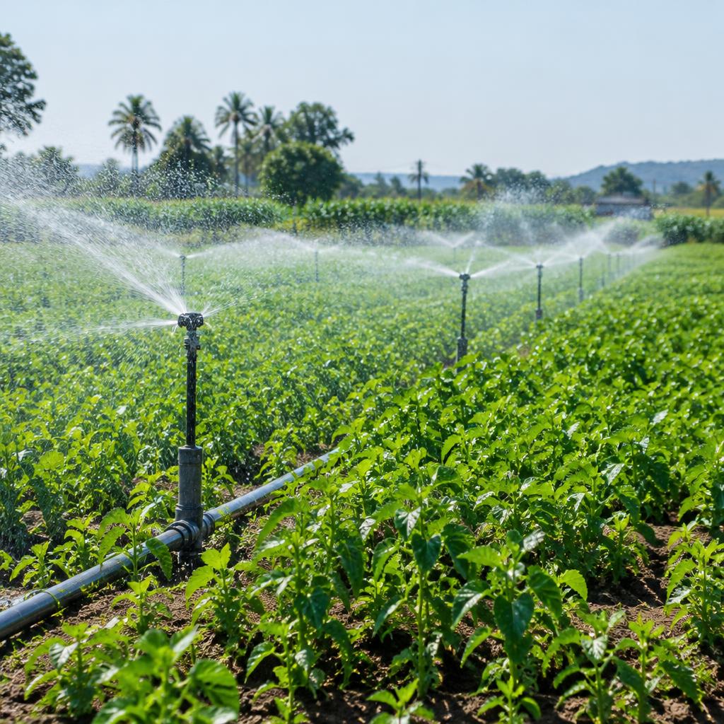 Sprinklers irrigating a green crop field