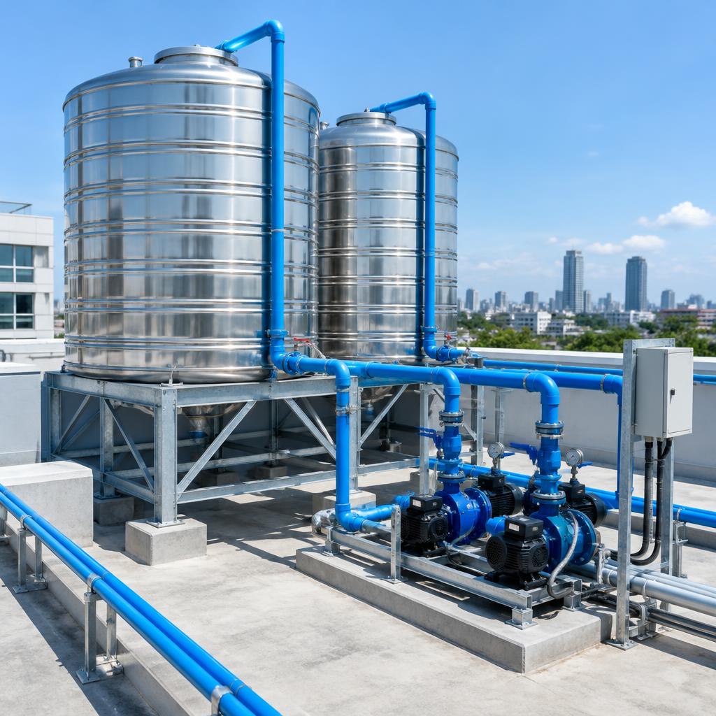 Rooftop water tanks and pump set on a commercial building
