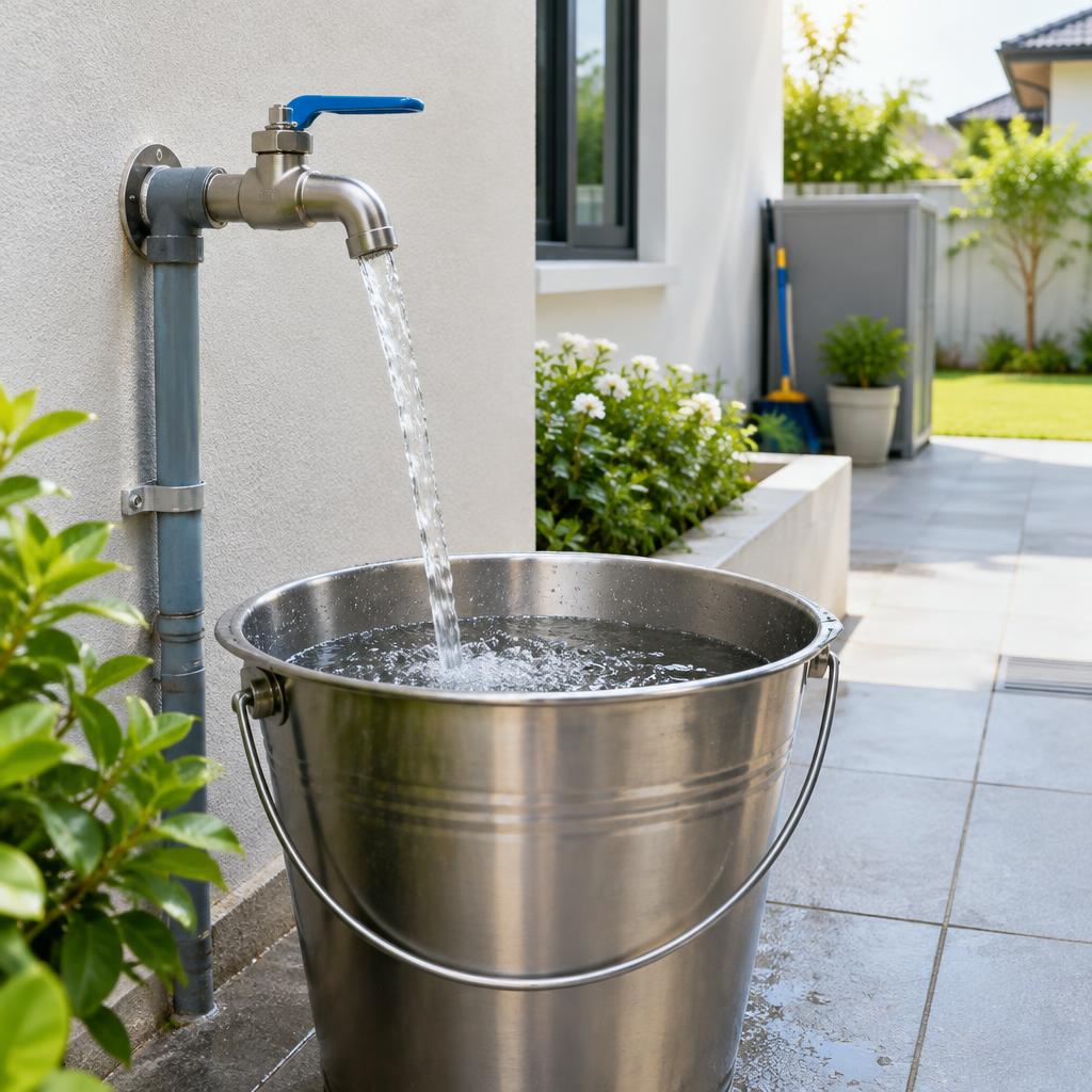 Tap supplying water into a bucket at a home utility area